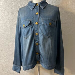 CAbi Light Blue Denim Jacket with Gold Buttons